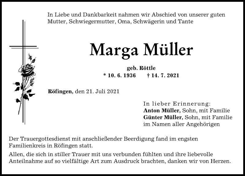 Traueranzeige von Marga Müller von Günzburger Zeitung