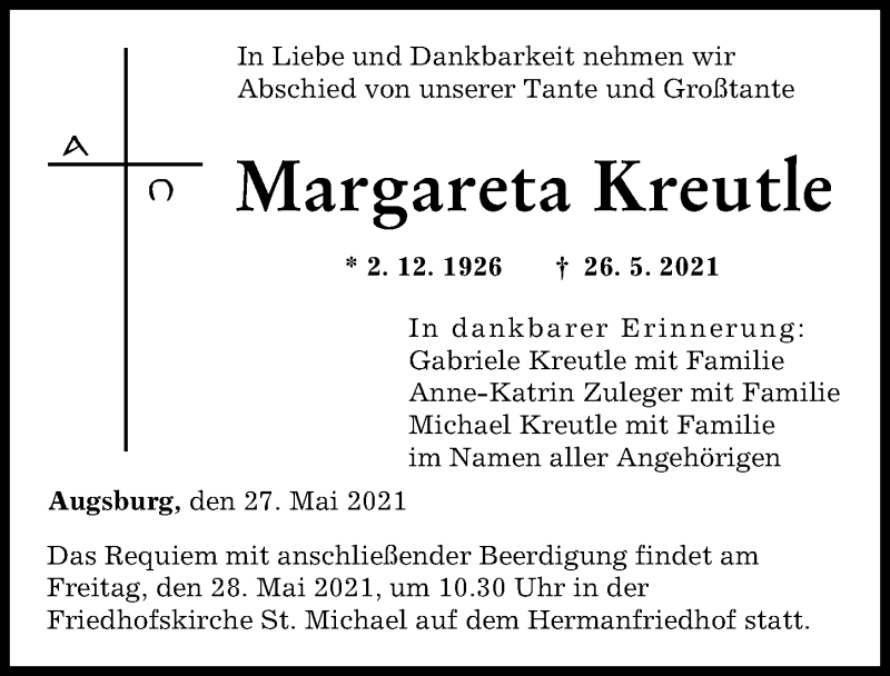 Traueranzeige von Margareta Kreutle von Augsburger Allgemeine