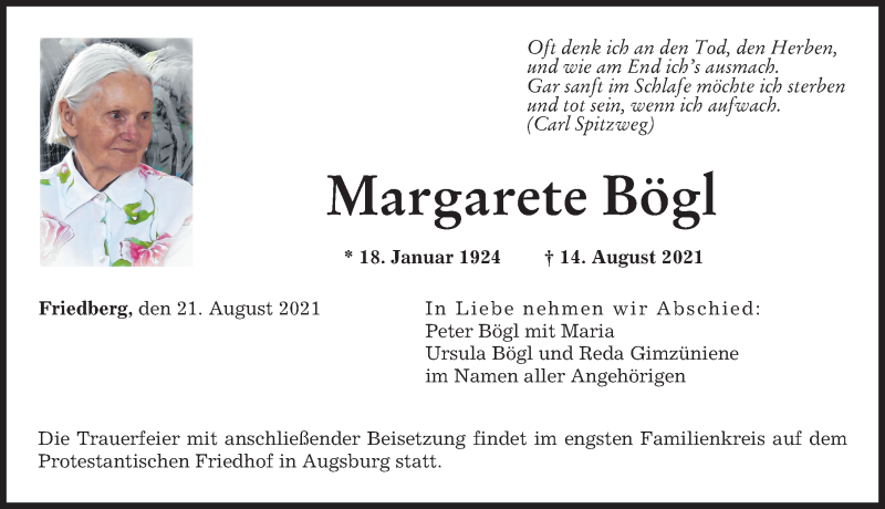 Traueranzeige von Margarete Bögl von Augsburger Allgemeine