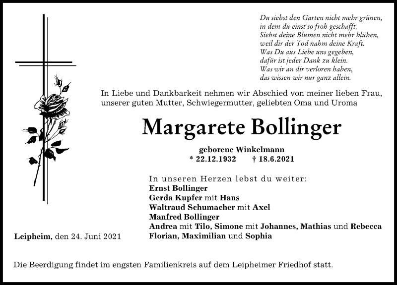 Traueranzeige von Margarete Bollinger von Günzburger Zeitung