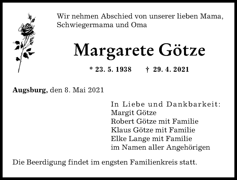 Traueranzeige von Margarete Götze von Augsburger Allgemeine