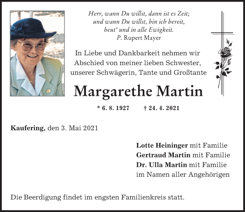 Traueranzeige von Margarethe Martin von Landsberger Tagblatt