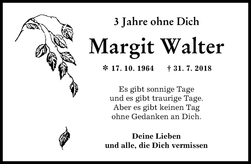 Traueranzeige von Margit Walter von Augsburger Allgemeine