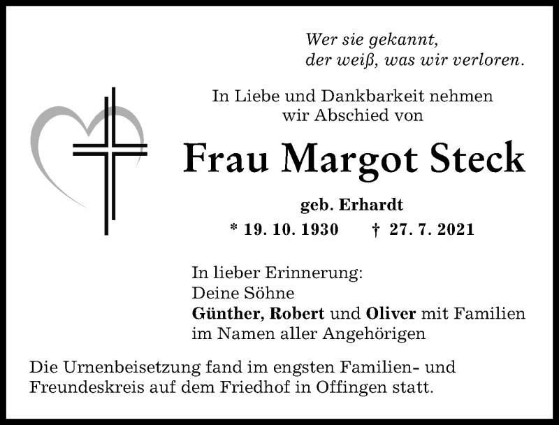 Traueranzeige von Margot Steck von Donau Zeitung, Günzburger Zeitung