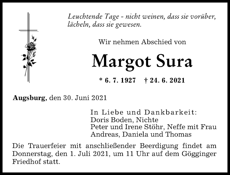 Traueranzeige von Margot Sura von Augsburger Allgemeine