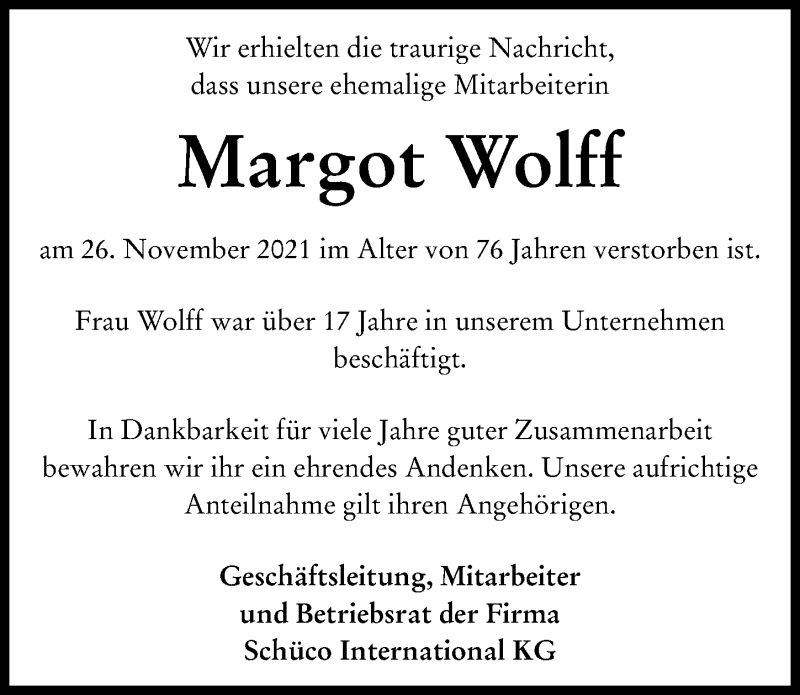 Traueranzeige von Margot Wolff von Wertinger Zeitung