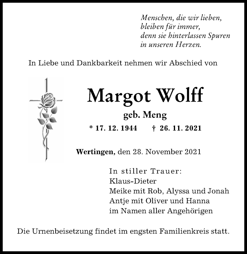 Traueranzeige von Margot Wolff von Wertinger Zeitung