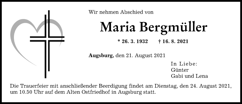 Traueranzeige von Maria Bergmüller von Augsburger Allgemeine