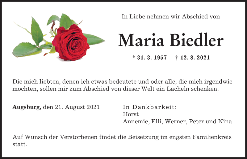 Traueranzeige von Maria Biedler von Augsburger Allgemeine