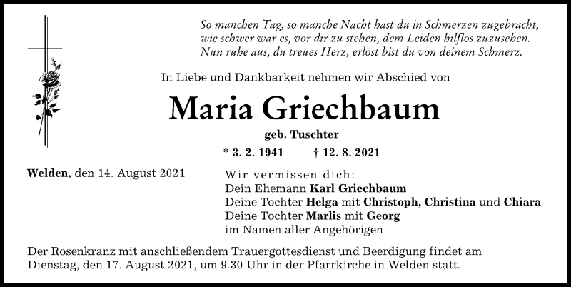  Traueranzeige für Maria Griechbaum vom 14.08.2021 aus Augsburg-Land