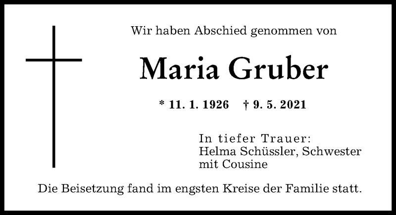 Traueranzeige von Maria Gruber von Augsburger Allgemeine