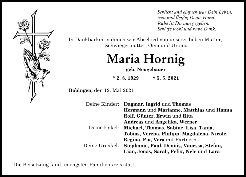 Traueranzeige von Maria Hornig von Schwabmünchner Allgemeine