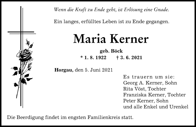 Traueranzeige von Maria Kerner von Augsburger Allgemeine