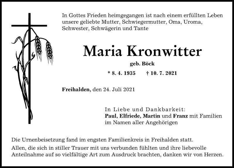 Traueranzeige von Maria Kronwitter von Günzburger Zeitung