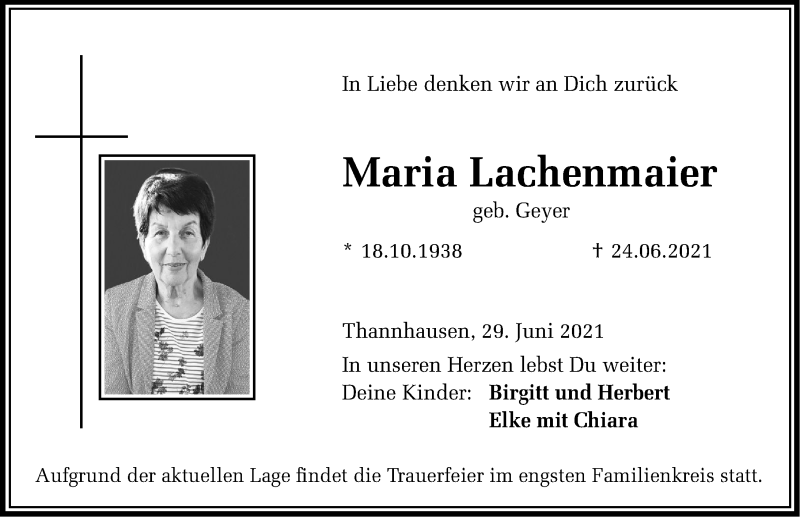 Traueranzeige von Maria Lachenmaier von Mittelschwäbische Nachrichten