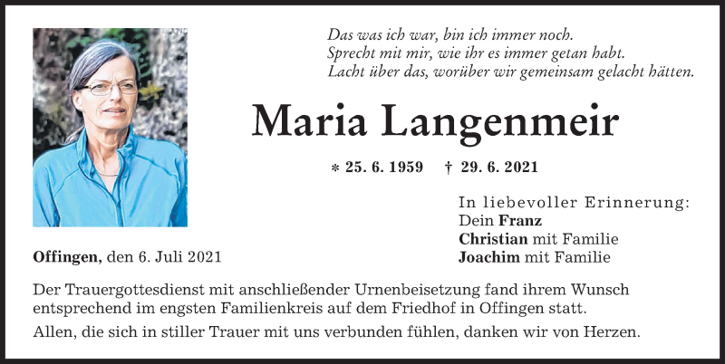 Traueranzeige von Maria Langenmeir von Günzburger Zeitung