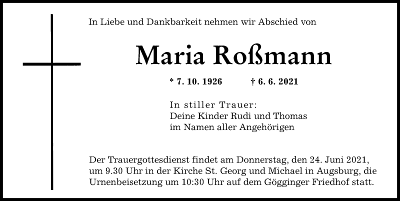 Traueranzeige von Maria Roßmann von Augsburger Allgemeine