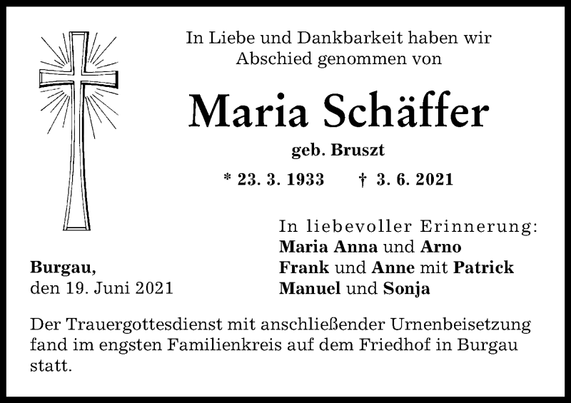 Traueranzeige von Maria Schäffer von Günzburger Zeitung