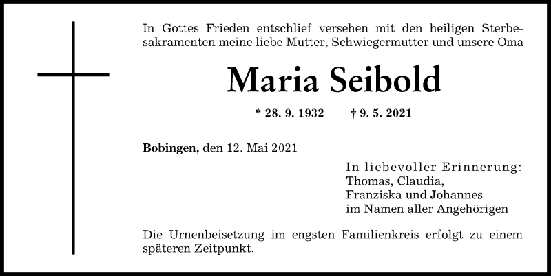 Traueranzeige von Maria Seibold von Augsburger Allgemeine