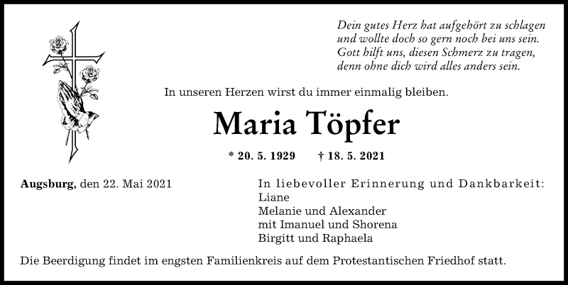 Traueranzeige von Maria Töpfer von Augsburger Allgemeine