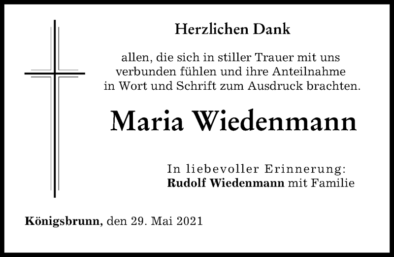 Traueranzeige von Maria Wiedenmann von Schwabmünchner Allgemeine