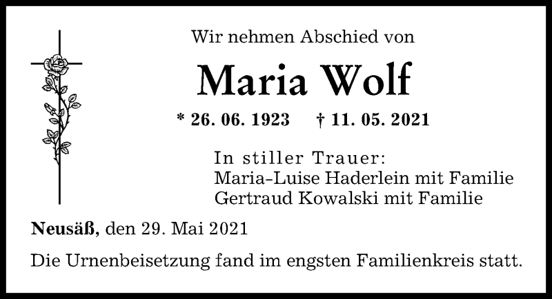 Traueranzeige von Maria Wolf von Augsburger Allgemeine