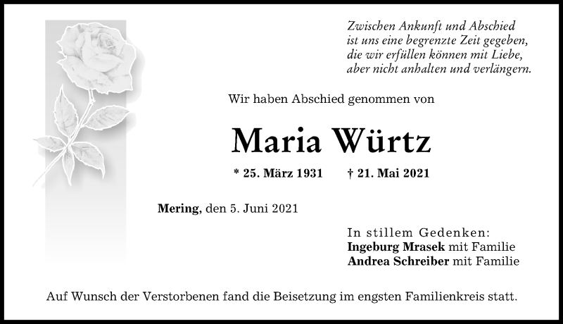 Traueranzeige von Maria Würtz von Friedberger Allgemeine