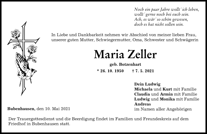 Traueranzeige von Maria Zeller von Neu-Ulmer Zeitung