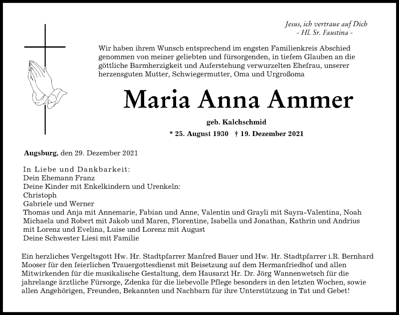 Traueranzeige von Maria Anna Ammer von Augsburger Allgemeine