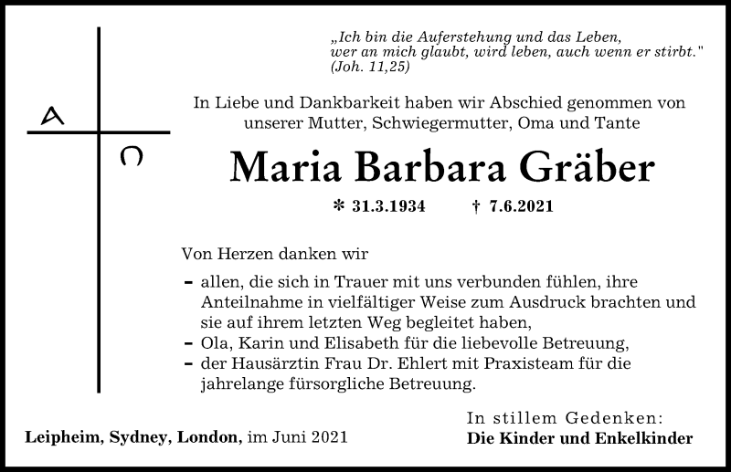 Traueranzeige von Maria Barbara Gräber von Neu-Ulmer Zeitung