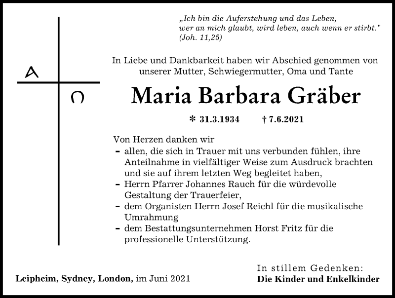 Traueranzeige von Maria Barbara Gräber von Günzburger Zeitung