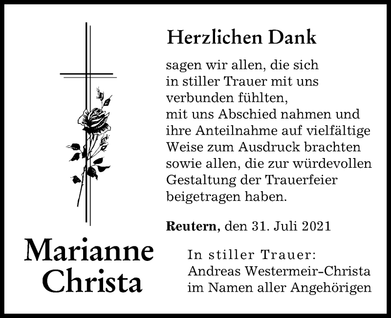 Traueranzeigen Von Marianne Christa Augsburger Allgemeine Zeitung 