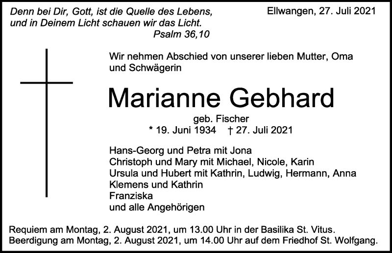 Traueranzeige von Marianne Gebhard von Rieser Nachrichten