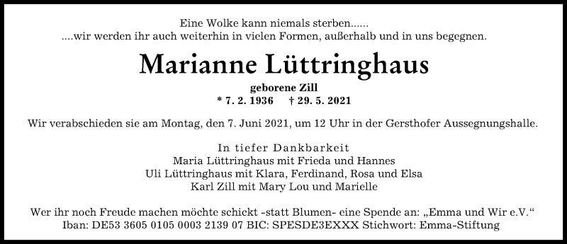 Traueranzeige von Marianne Lüttringhaus von Augsburger Allgemeine