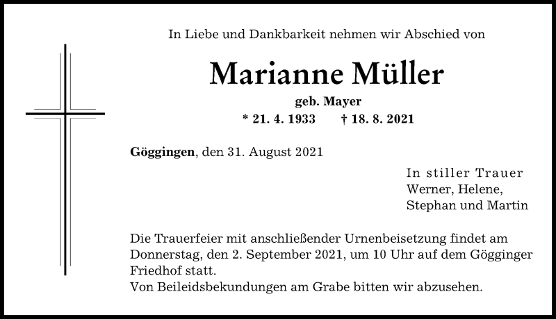 Traueranzeige von Marianne Müller von Augsburger Allgemeine