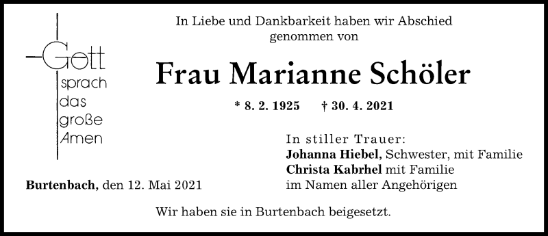 Traueranzeige von Marianne Schöler von Günzburger Zeitung