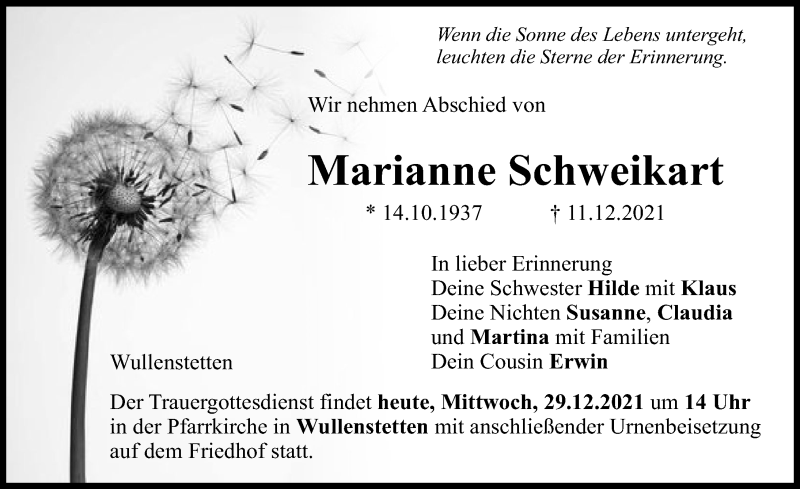 Traueranzeige von Marianne Schweikart von Neu-Ulmer Zeitung