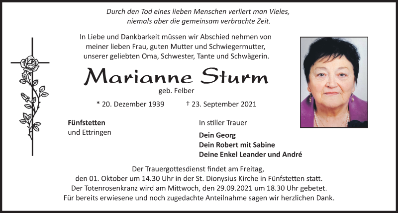  Traueranzeige für Marianne Sturm vom 29.09.2021 aus Donauwörther Zeitung