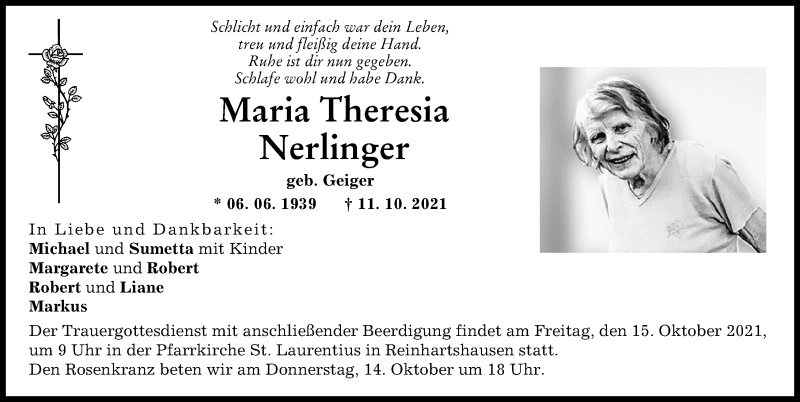 Traueranzeigen Von Maria Theresia Nerlinger Augsburger Allgemeine Zeitung