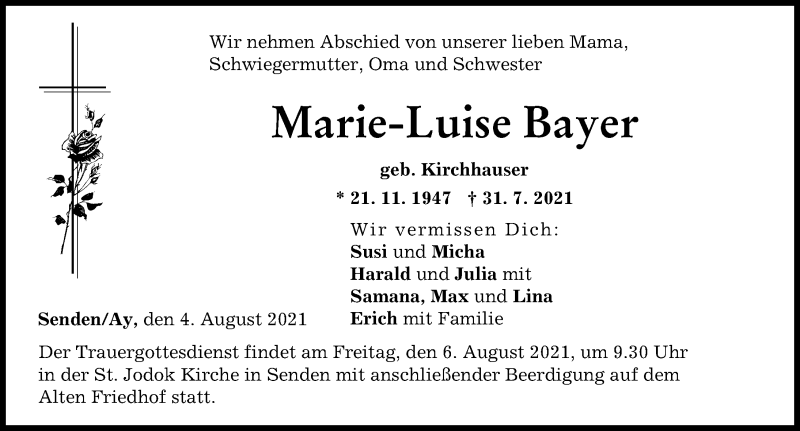 Traueranzeige von Marie-Luise Bayer von Neu-Ulmer Zeitung