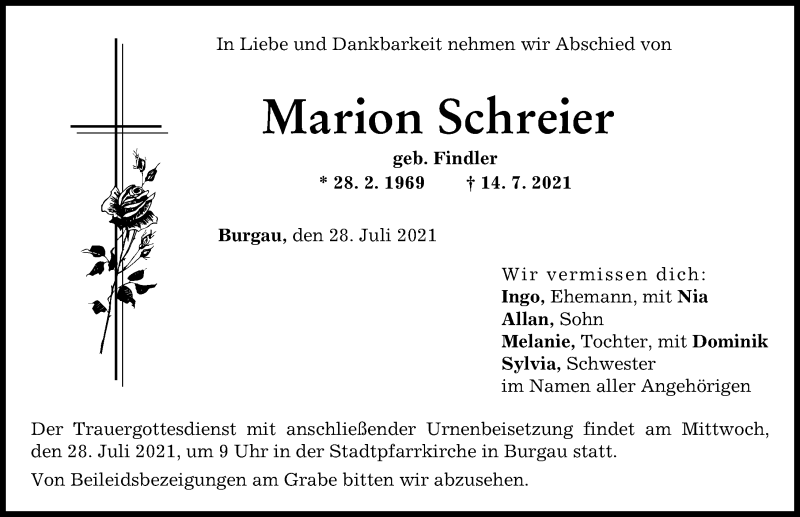 Traueranzeige von Marion Schreier von Günzburger Zeitung