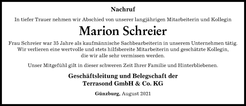 Traueranzeige von Marion Schreier von Günzburger Zeitung