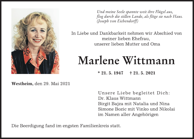 Traueranzeige von Marlene Wittmann von Augsburger Allgemeine