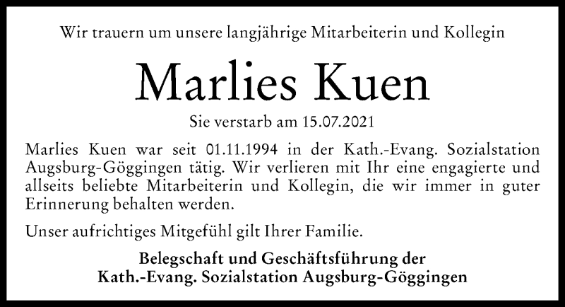 Traueranzeige von Marlies Kuen von Augsburger Allgemeine