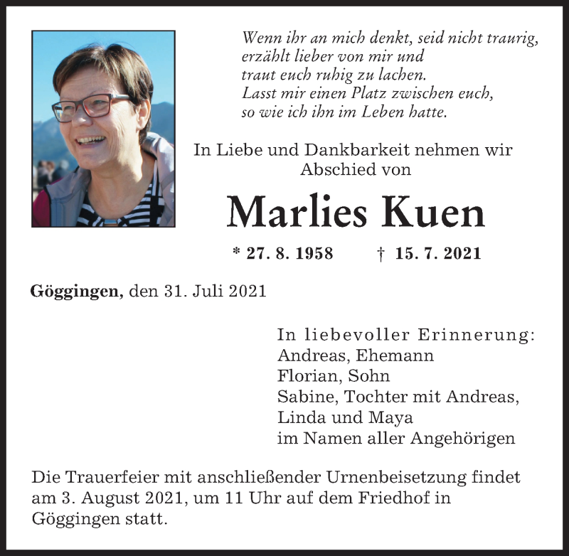 Traueranzeige von Marlies Kuen von Augsburger Allgemeine