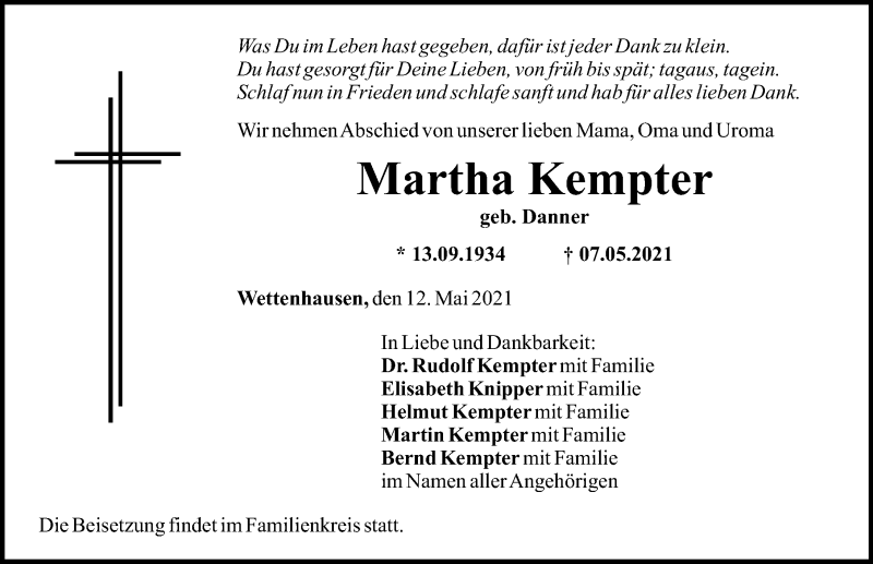 Traueranzeige von Martha Kempter von Günzburger Zeitung