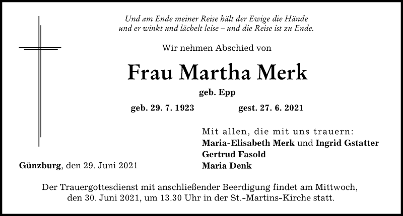 Traueranzeige von Martha Merk von Günzburger Zeitung