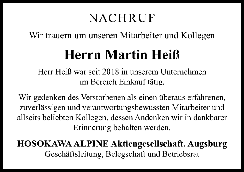 Traueranzeige von Martin Heiß von Augsburger Allgemeine