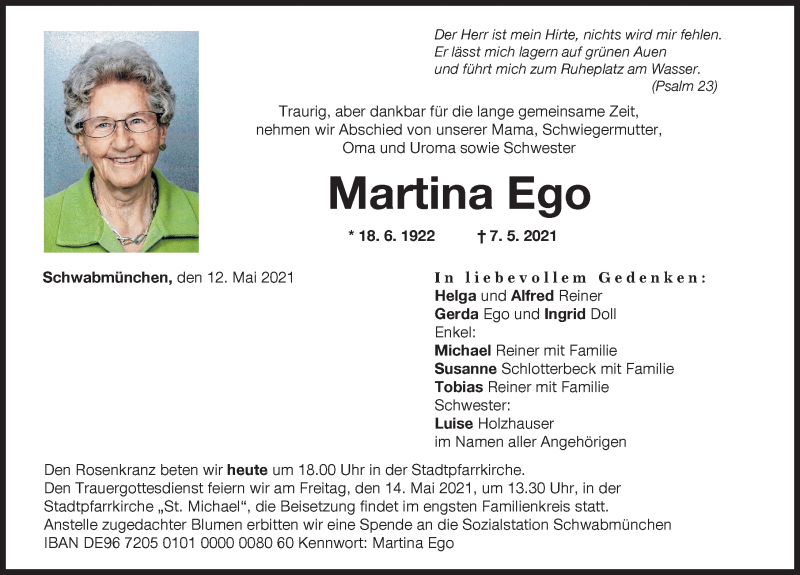 Traueranzeige von Martina Ego von Schwabmünchner Allgemeine