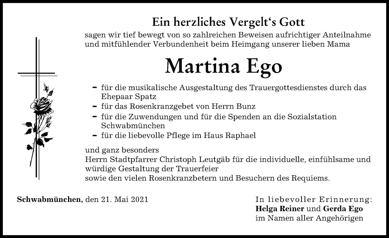 Traueranzeige von Martina Ego von Schwabmünchner Allgemeine